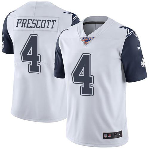 Nike Men's Cowboys 100th #4 Dak Prescott White Stitched NFL Limited Rush Jersey
